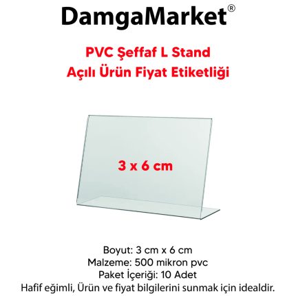 10 Adet Pvc Etiketlik, Pvc İsimlik 3x6 cm Şeffaf Etiketlik Ayaklı Açılı Pvc Stand Etiketlik