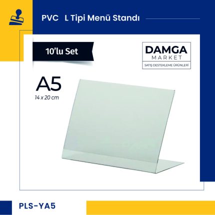 Pvc L Tipi A5 Menü, Masaüstü Standı Yatay, Şeffaf, 20 Cm X 14 Cm - 10'lu Paket