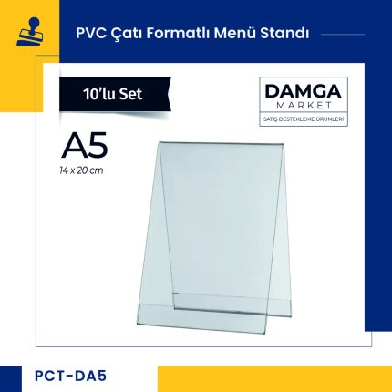 Pvc Çatı Formatlı A5 Menü, Masaüstü Standı Dikey, Şeffaf, 20 Cm X 14 Cm - 10'lu Paket